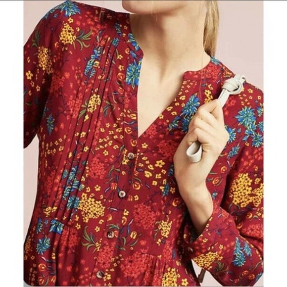 Anthropologie Tops - Anthropologie Maeve Blouse Top Colorful Floral XS Red V-Neck Bib Front Pleated